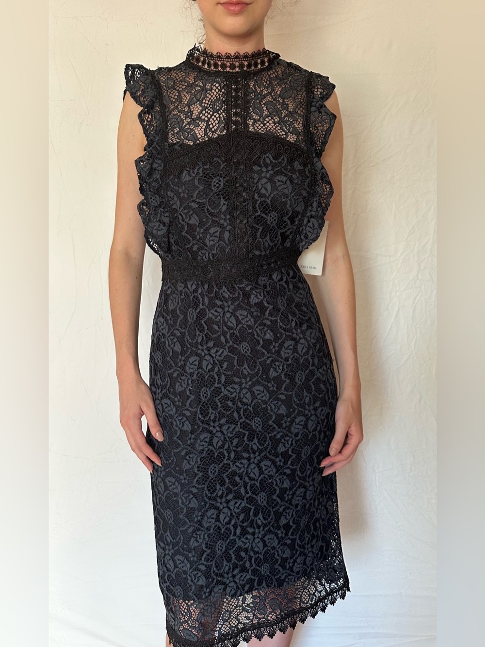 Zara Black Lace High-Neck Sheath Dress